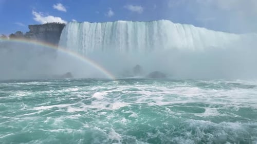 View of the rainbow over Niagara Falls from the Niagara River 4K