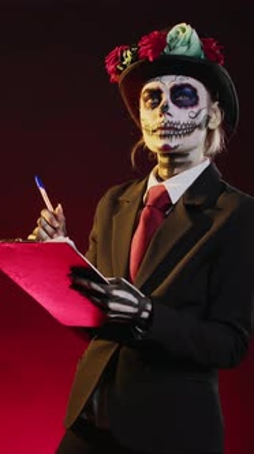 Vertical Video Dios De Los Muertos Model Taking Notes on Papers