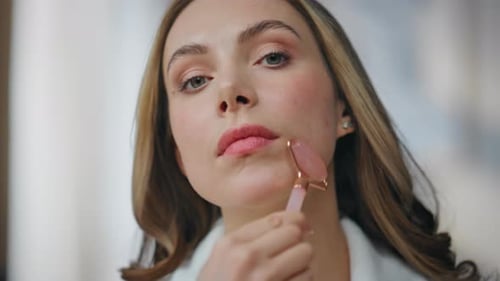 Woman Using Facial Roller for Beauty Treatment