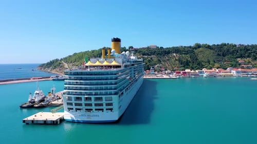 Hype lapse Of Cruise Ship Docked in a port - back View