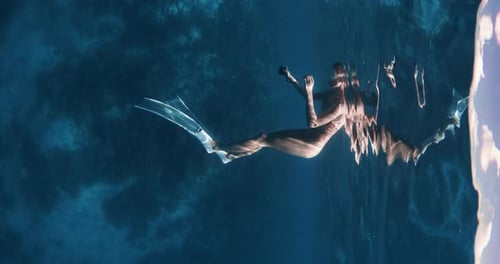 Female Freediver Resting on the Surface of the Ocean and Looking at Sharks in a Tropical Blue Sea at