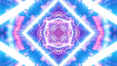 Dynamic neon tunnel vortex with pulsing blue and pink lights