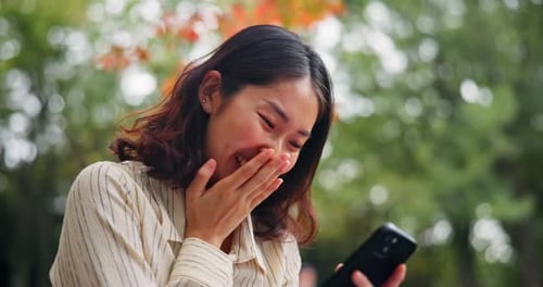 Japan, funny and woman on bench, cellphone and joy with meme, social media and network