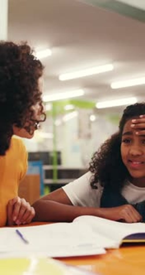 Help, confused or child in library with homework, teaching or comfort for learning struggle