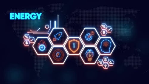 Energiekonzept mit leuchtenden Icons auf der digitalen Weltkarte Strom Strom