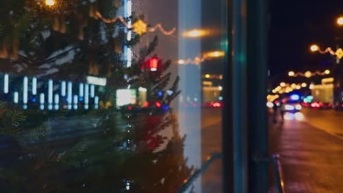 The Beauty of City Lights Reflected in a Window at Night Adorned with Festive Holiday Decorations is