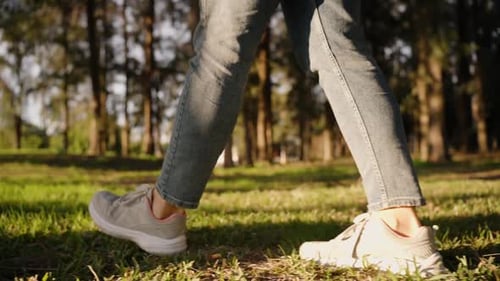 In Slow Motion, Close-Up of Sneaker-Clad Feet Walking on Grass in the Forest, Bright Sun during Suns