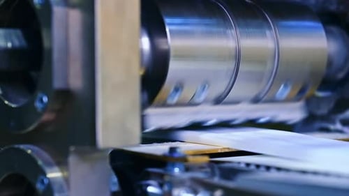 The big drum rotates in close-up. The outer layer of diapers is made on the machine.