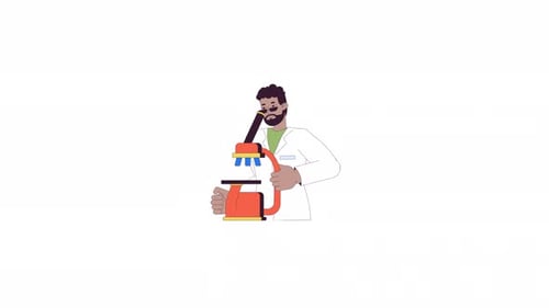 Black male scientist looking in microscope line 2D character animation