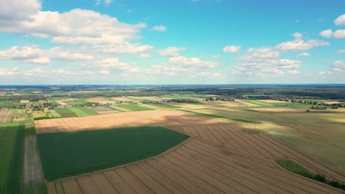 Luftbild mit der Landschaftsgeometrie und Textur vieler landwirtschaftlicher Felder mit verschiedenen Pflanzen
