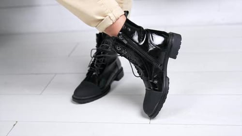 Stylish Black Patent Leather Boots Fashion Shoot