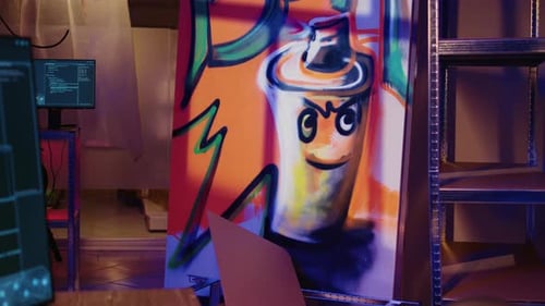 Darkly Lit Room with Computers and Graffiti