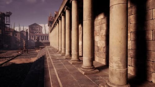 Ancient Columns Line a Historical Street in a Roman City During Daylight