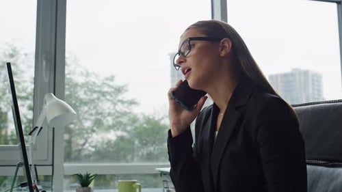 Confident Businesswoman Making Call Arrangement Closeup. Office Manager Talking Mobile Phone Consult