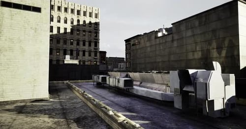 Vista de tejados urbanos con edificios y maquinaria a la luz del día