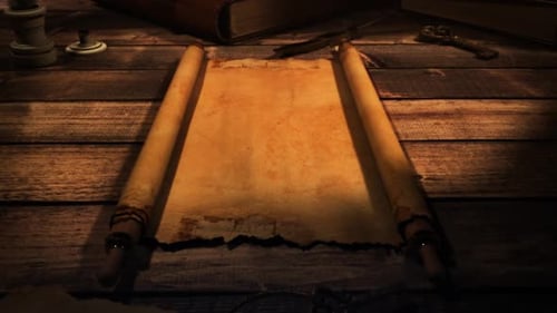Epic Scroll Opens on ancient wooden table