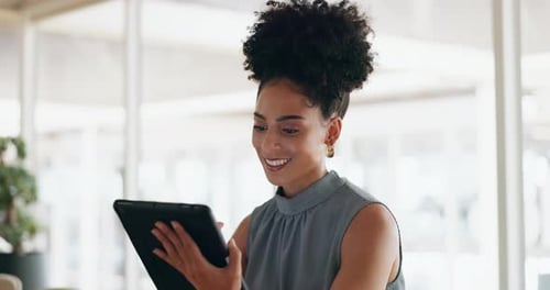 Business woman, tablet with success and leadership, technology and corporate communication