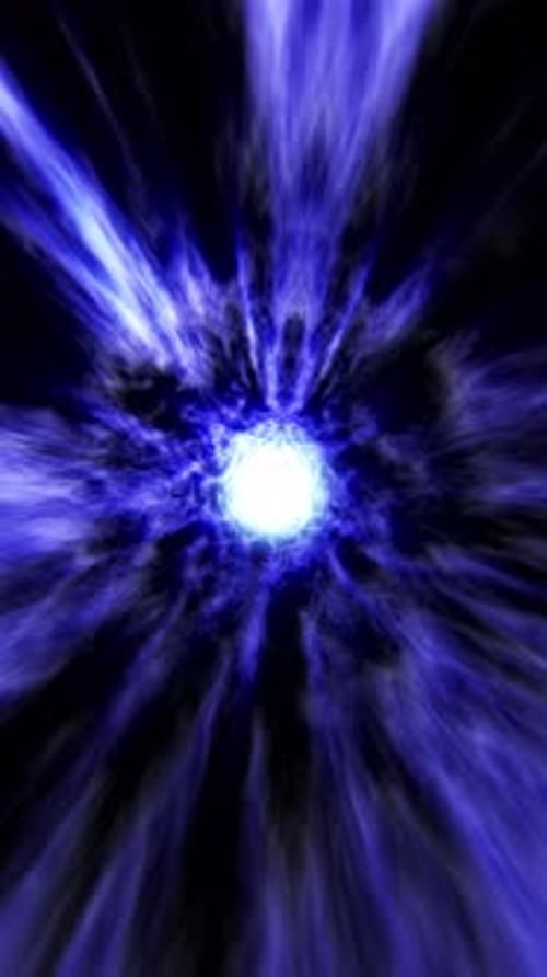 Boucle hypertunnel bleue brillante sans faille avec des stries rapides, des textures nuageuses et un cœur brillant