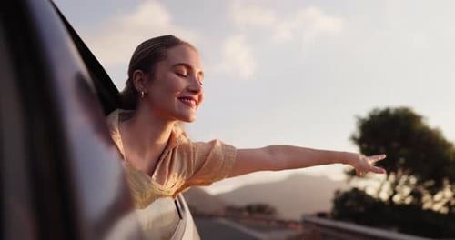 Happy woman, road trip and adventure in car in city and passenger window for sightseeing in outdoor