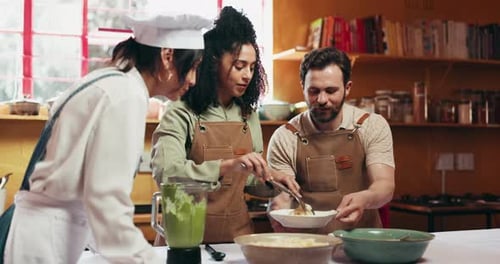 Cooking class, pasta and chef with couple in kitchen in restaurant for romantic date together