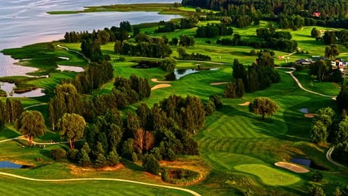 Beautiful Aerial View of a Lush Golf Course by the Lake