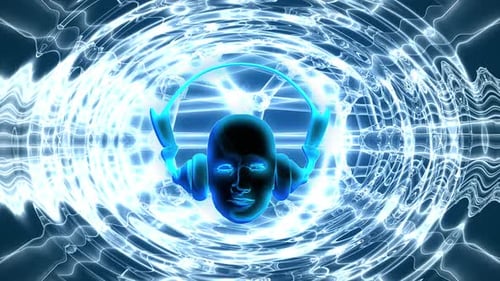 Futuristic Glowing Head with Headphones and Sound Waves Animation