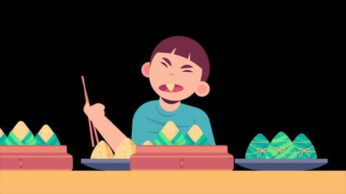 China Boy Sitting And Eating Meal Alpha Channel 4K