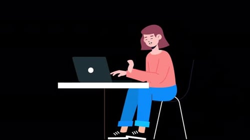 Businesswoman Sitting At Desk Working On Laptop Cartoon Animation 4K On Alpha Channel