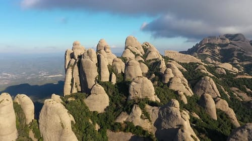 Aerial views of Montserrat peaks, a mountain range in Catalonia. Montserrat conglomerate crags