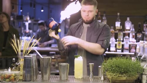 a professional bartender in a restaurant ignites a cocktail with a burner