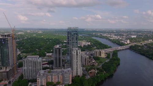 Aerial View of Austin's Downtown Skyline with Construction Sites Colorado River Streets Heading to