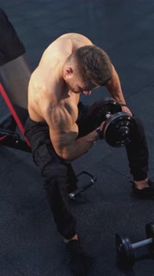 Bodybuilder training in gym. Young sportsman pumping arm muscles with a dumbbell.