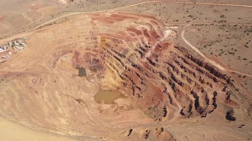 Aerial View Of Construction Equipment Working In Iron Mine