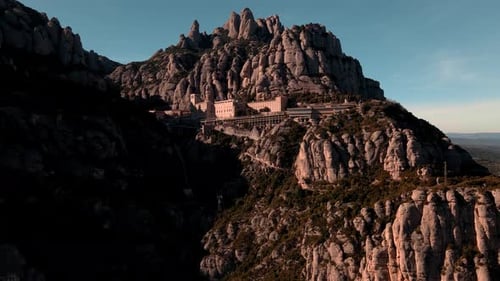 Aerial views of the monastery of Montserrat and its mountains in Catalonia