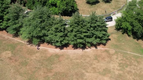 A high angle view following a man jogging in a park on a sunny day. The drone camera, tilted down tr