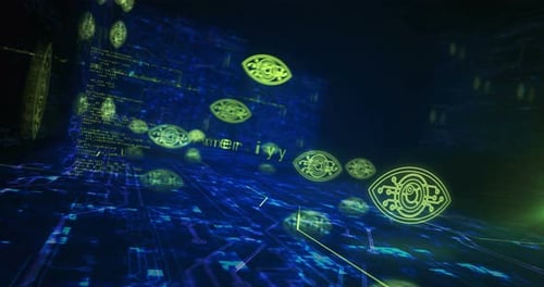 Cyber eye espionage big brother and hacking symbols loop cyber concept