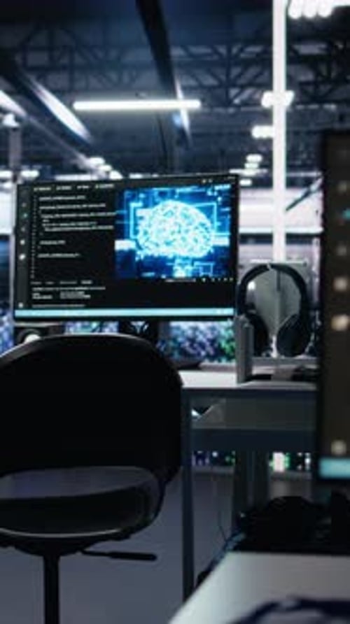Vertical Video AI Development Workstations in Data Center Displaying Machine Learning Code