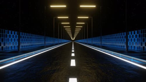 Futuristischer Autobahnhintergrund VJ Loop in 4K in Blau und Weiß und Hellgelb im Neonglühen