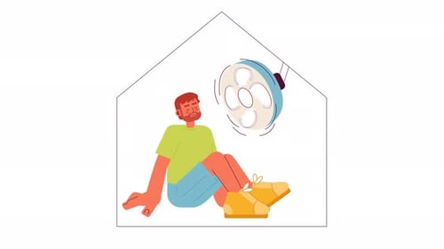 Flat Design Animation of Person Relaxing with a Fan at Home