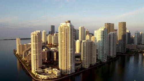 Downtown Miami Florida flyover captures turquoise water and white sand beaches