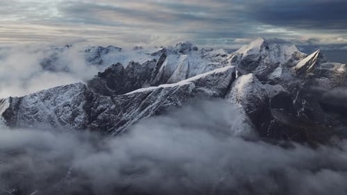 Aerial view of snow-capped mountains in Reine, Norway.