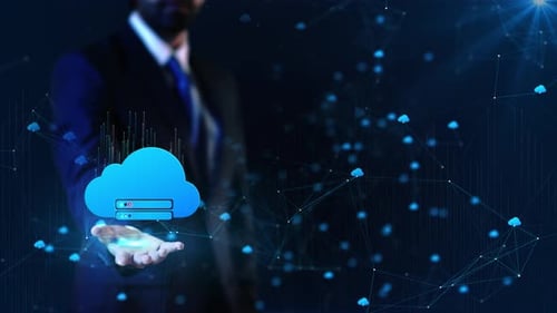 Businessman Holds Cloud Computing Icon Hand Digital Network Cloud Symbols Connected Lines