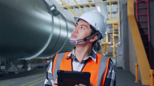 Close Up Of Asian Male Engineer Working At Tablet And Looks Around In Pipe Manufacturing Factory