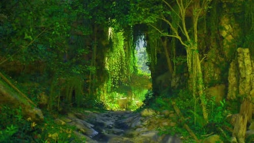 Lush Green Jungle Path with Sunlight Filtering Through Canopy