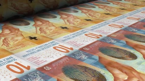 Swiss Franc 10 Banknotes Printing on a Press Animation
