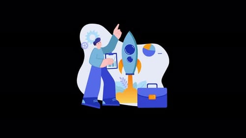 European man planning a rocket launch with a briefcase and clipboard