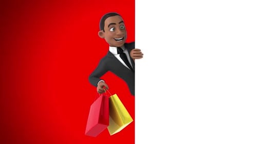 3D Animated Businessman with Shopping Bags Presenting White Board