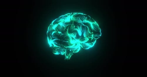 Vista lateral del cerebro azul de inteligencia artificial con flujo de energía