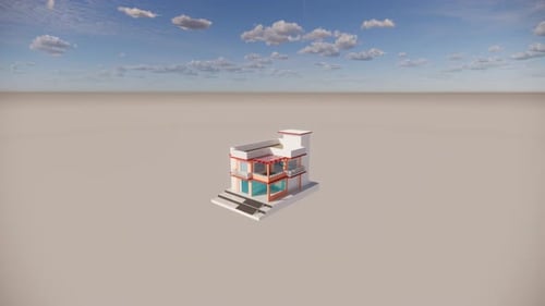 Colorido edificio flota en el desierto