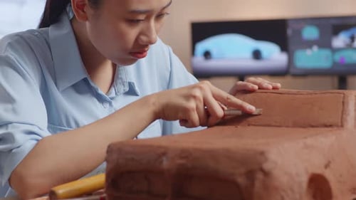 Close Up Of Asian Woman Automotive Designer Works On The Sculpture Of Car Clay